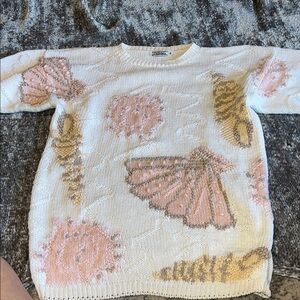 Christina White Crewneck Sweater with Pink & Tan Shell Motifs